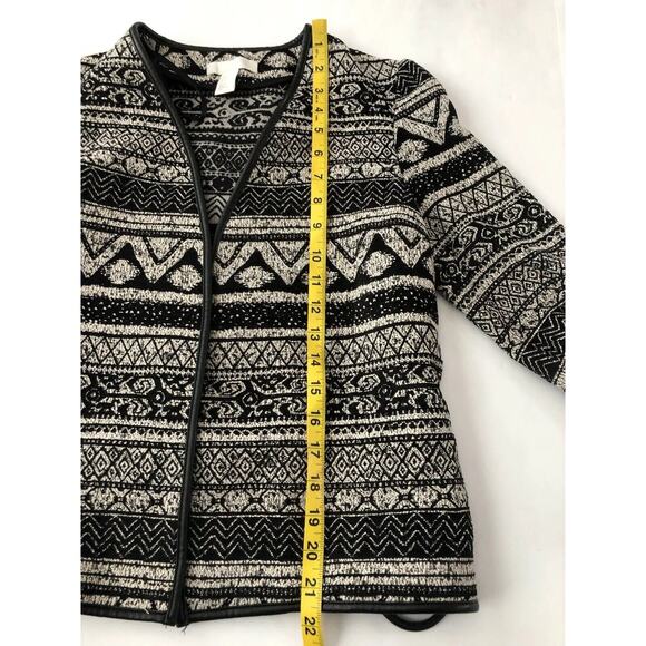 H&M Womens Size 2 Open Cardigan Faux Leather Tie Trim Aztec Black Tweed #4192 - Picture 9 of 10
